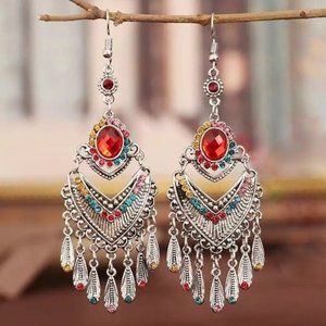 Bohemian dangle earrings silver multicolored rainbow red boho